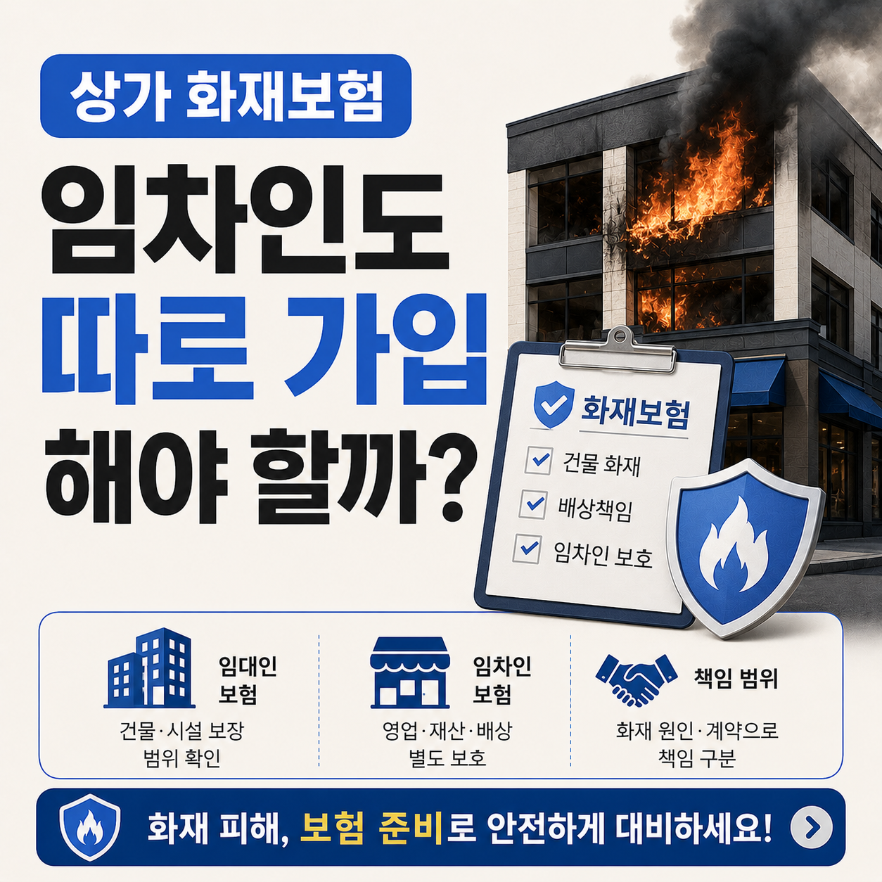 상가 건물 화재와 화재보험 가입 필요성을 설명하는 이미지