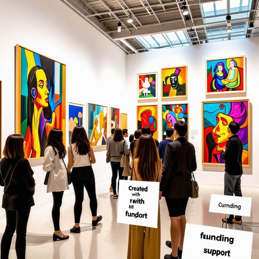 전시회 장면: 예술작품이 전시된 갤러리의 모습. 관람객들이 작품을 감상하는 모습과 함께, 작품 옆에 '지원금으로 제작된 작품'이라는 설명이 붙어 있는 장면
