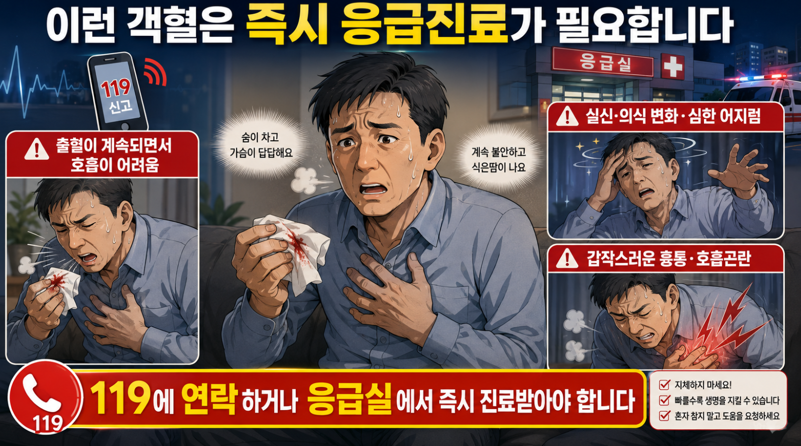 출혈 지속과 호흡곤란&middot;의식 변화&middot;흉통이 동반된 객혈의 응급진료 신호