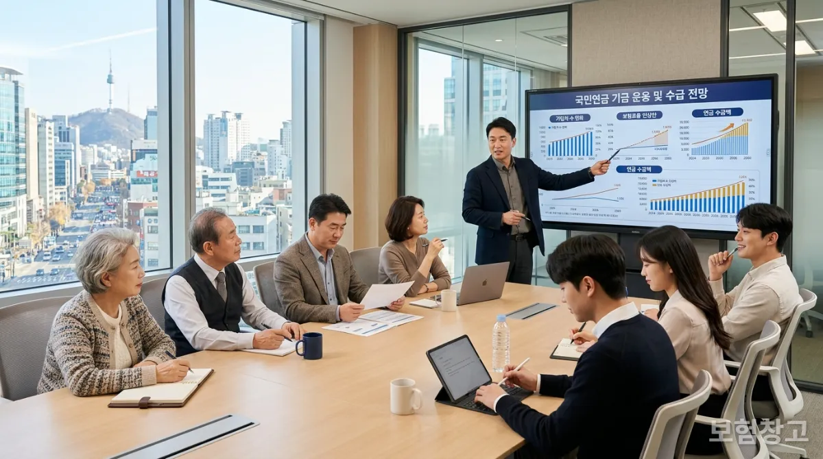 다양한 연령대의 한국인들이 회의실에서 국민연금 개편과 노후 자금 계획에 대해 논의하는 모습