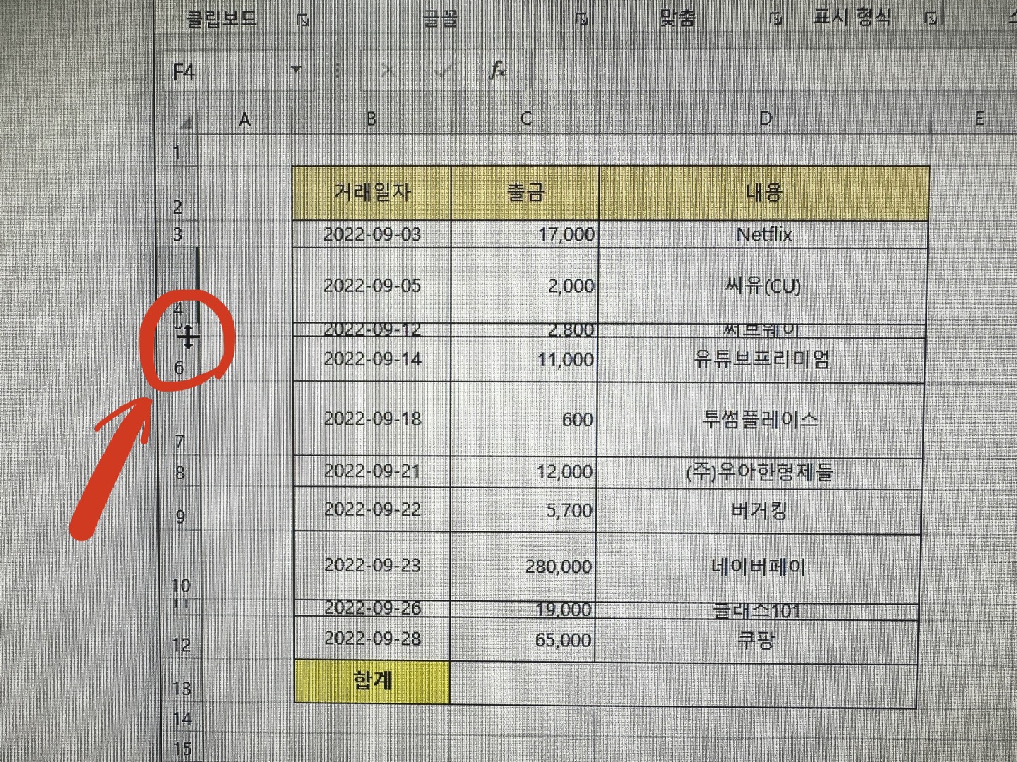 엑셀 행높이 같게 만들기 서식 복사