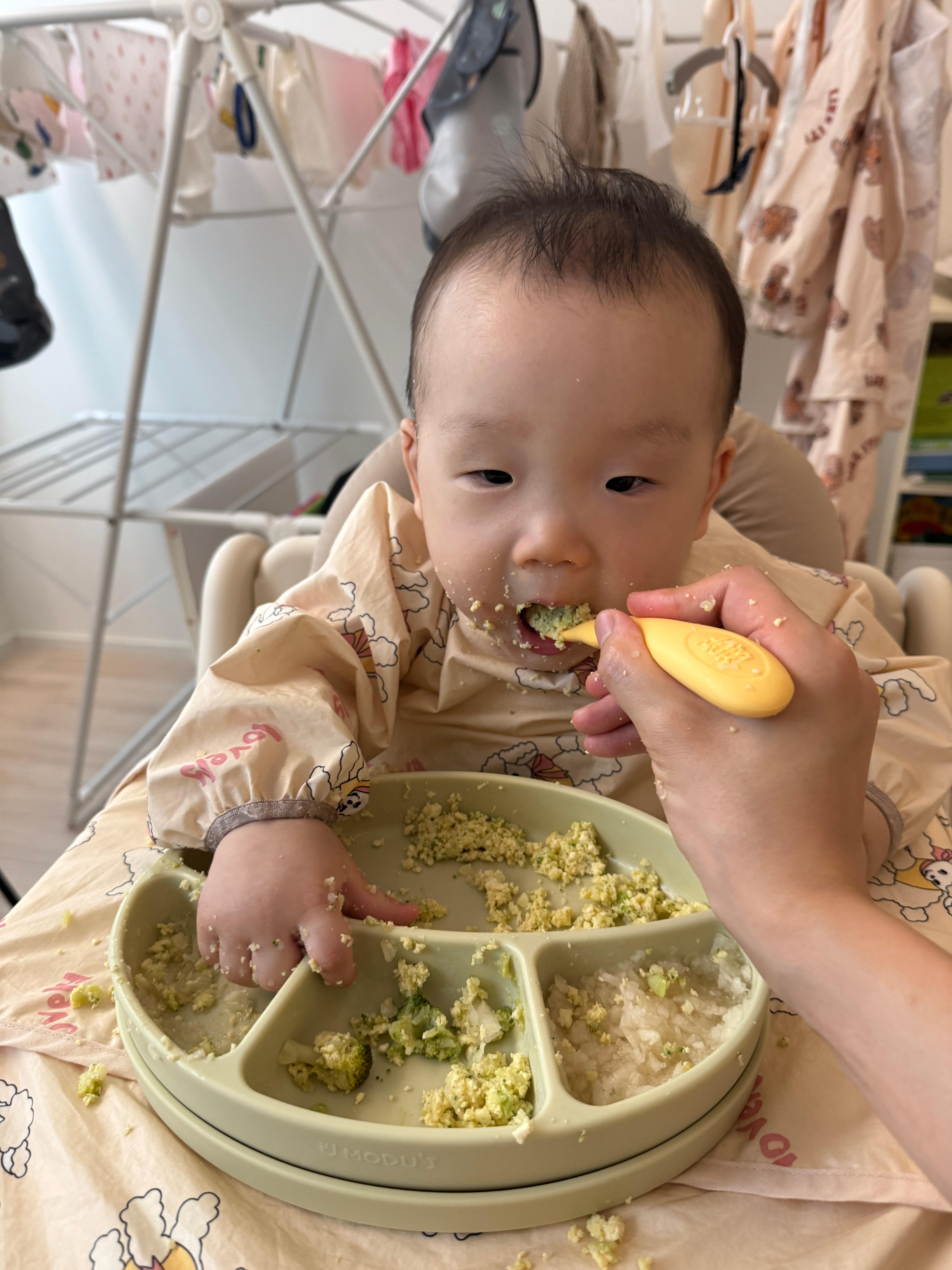 두부감자계란스크램블과 찐 브로콜리를 스스로 먹는 도중 엄마가 먹여주는 이유식도 맛있게 먹는 아기