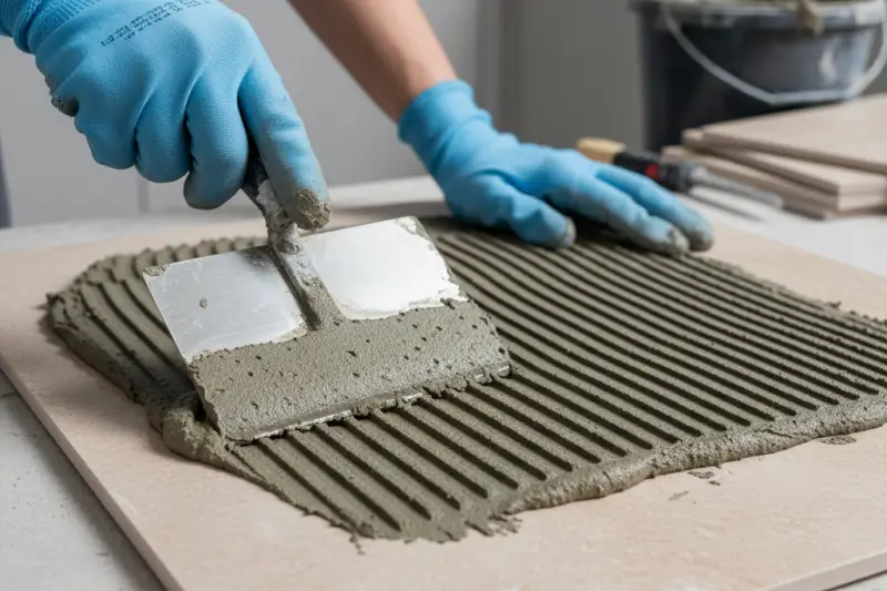타일 뒷면에 흙손으로 접착제(Thinset)를 얇게 펴 바르는 '넉백' 작업 클로즈업