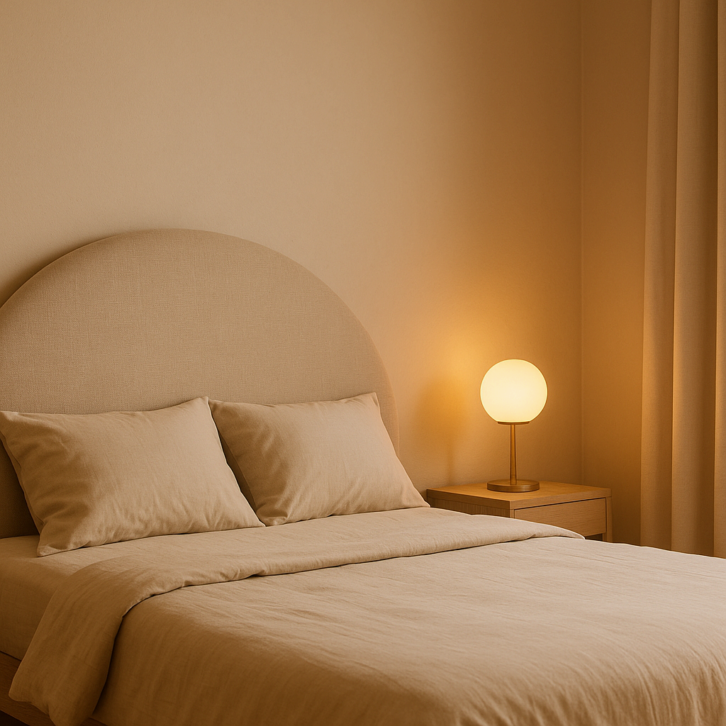 곡선형 헤드보드와 라운드 조명이 있는 아늑한 침실 인테리어