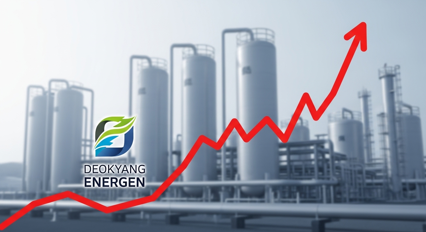 Rising red stock graph with Deokyang Energen logo. Faint background image of hydrogen tank facilities.