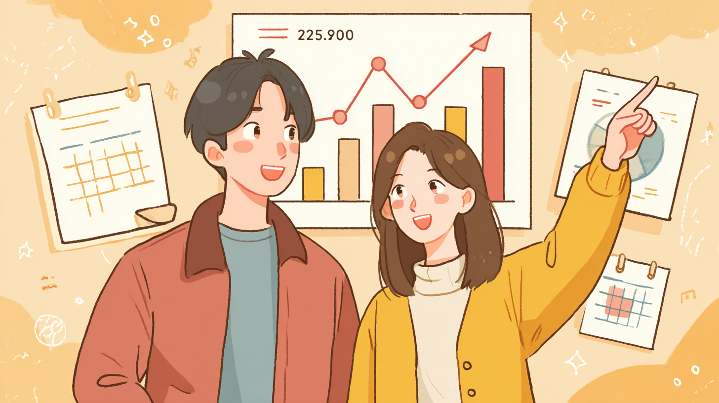 건강보험료 273,380원을 경계로 기준선을 보여주는 인포그래픽 차트를 놀란 표정으로 바라보는 한국 부부