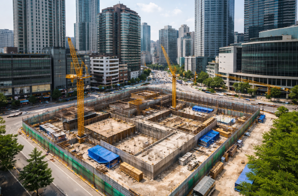 고층 건물과 건설 현장이 함께 보이는 상업지역 복합 개발 풍경