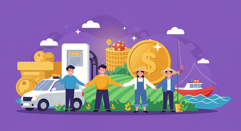 2025년 정부 유류비 지원 제도의 혜택을 받고 기뻐하는 경차 운전자, 농업인, 어업인들의 모습.