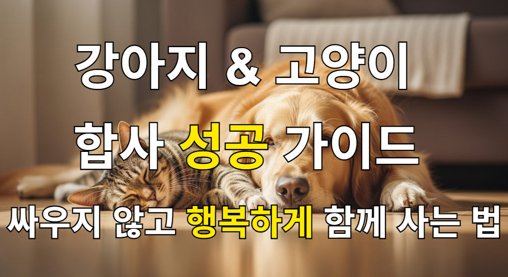 햇살이 비치는 거실 바닥에 골든 리트리버와 고양이가 평화롭게 함께 누워있는 모습