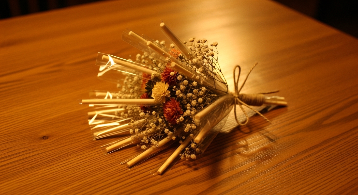 빼빼로 스틱과 드라이플라워가 어우러져 아름다운 빼빼로 부케를 이루고 있는 모습.