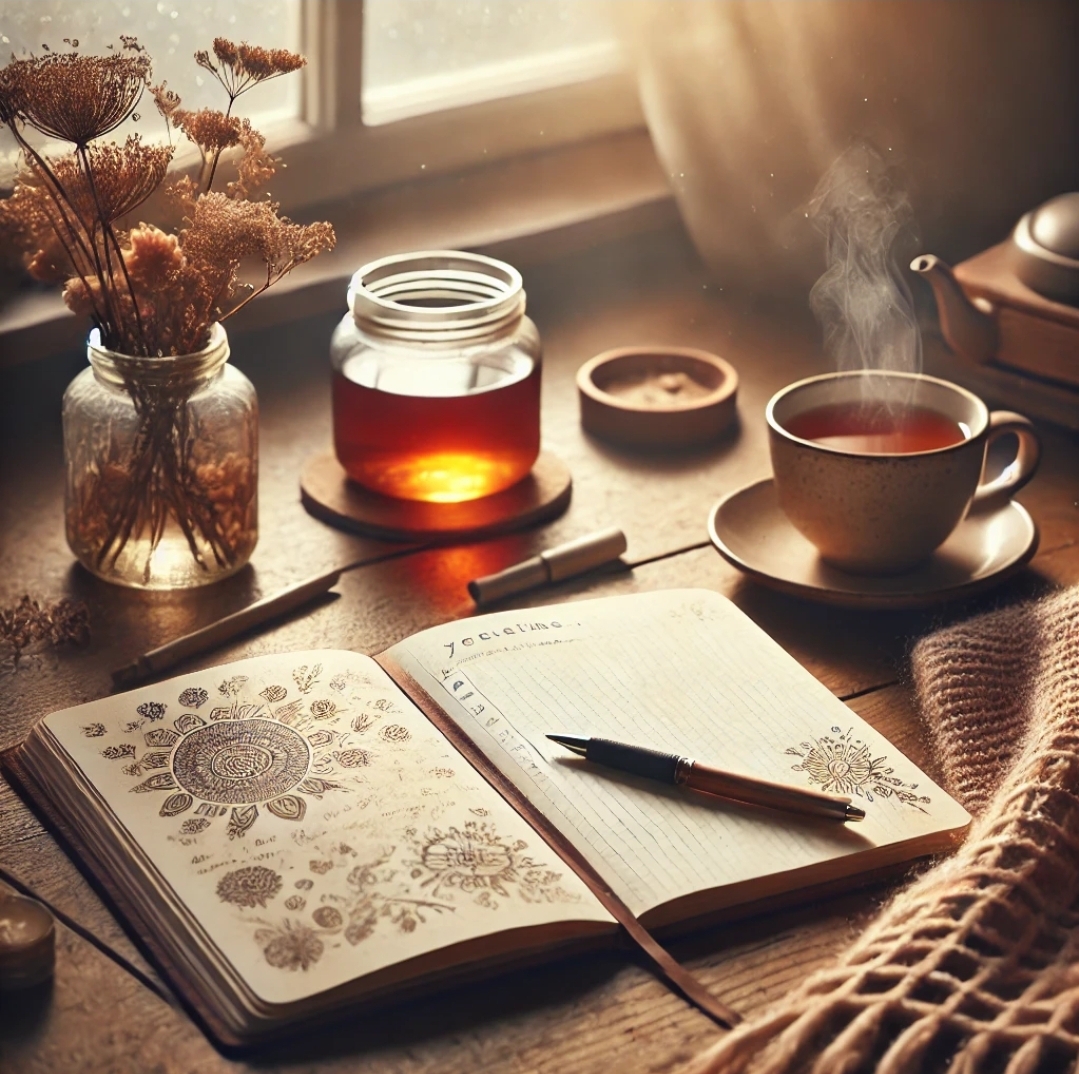 따뜻한 분위기의 책상 위에 다이어리와 차 한 잔이 놓여 있는 장면