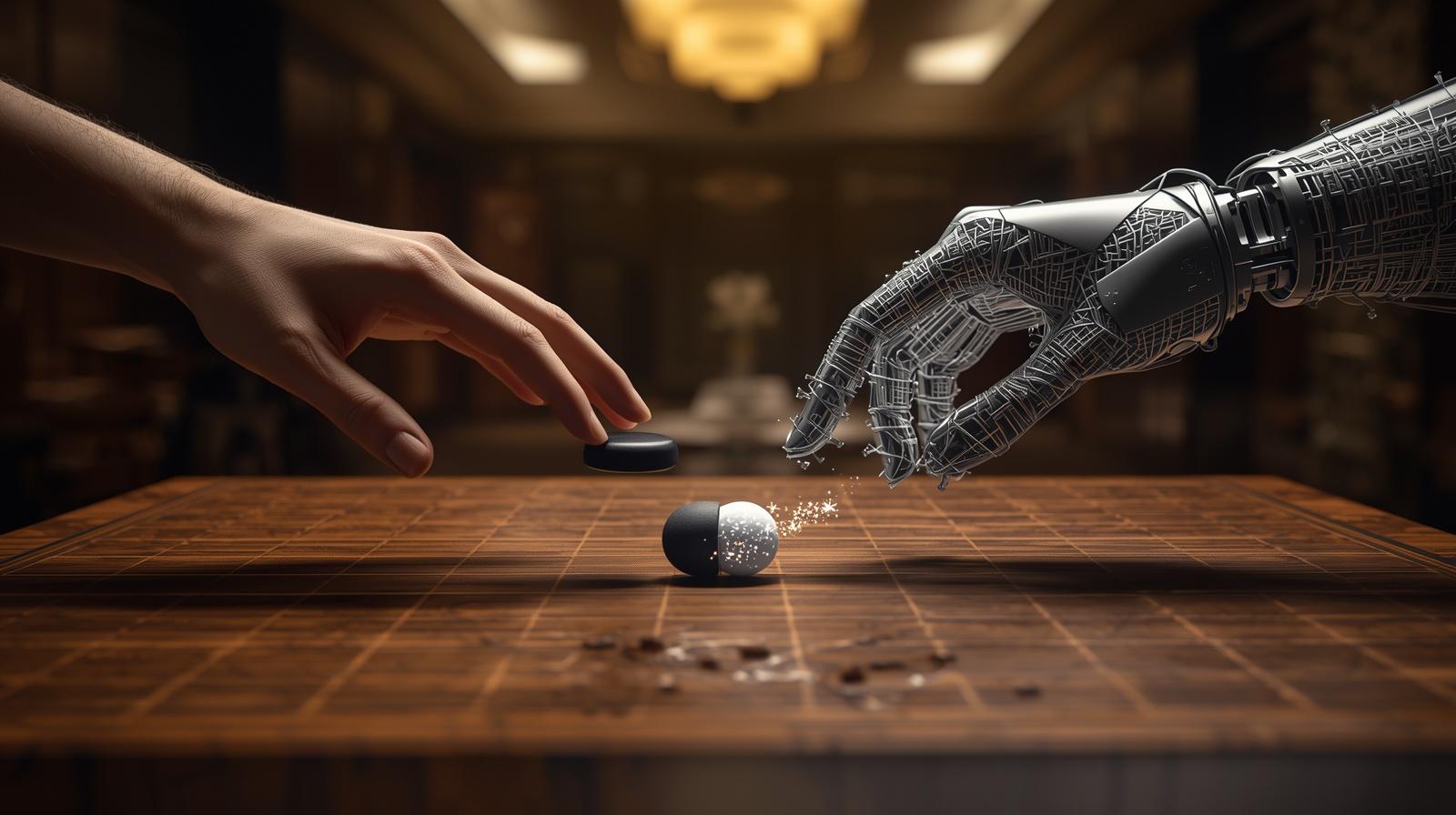 이세돌 9단의 손과 실버 케이블로 정교하게 제작된 AI 로봇의 손이 바둑판 위에서 대치하는 근접 촬영 사진. 검은색 바둑알과 반투명하게 빛나는 흰색 바둑알 사이에서 푸른색 데이터 스파크가 일어나는 상징적인 모습.