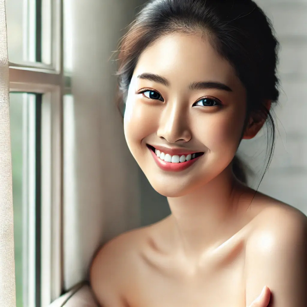 피부가 맑고 건강해진 동양인 여성이 햇살 아래에서 웃는 장면