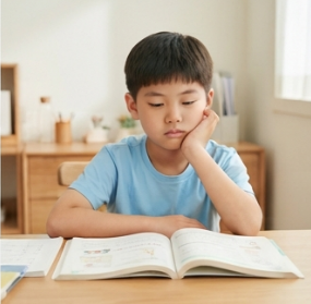책상 앞에서 멍하니 있는 아이 모습