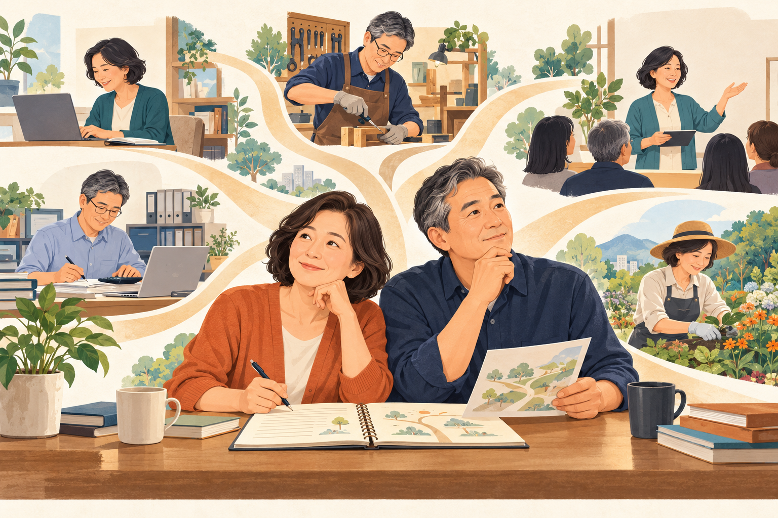 AI 생성 이미지 — 글의 이해를 돕기 위한 참고 일러스트
다양한 배움과 직업 활동을 살펴보며 제2의 직업을 고민하는 중장년 남녀를 효현한 일러스트