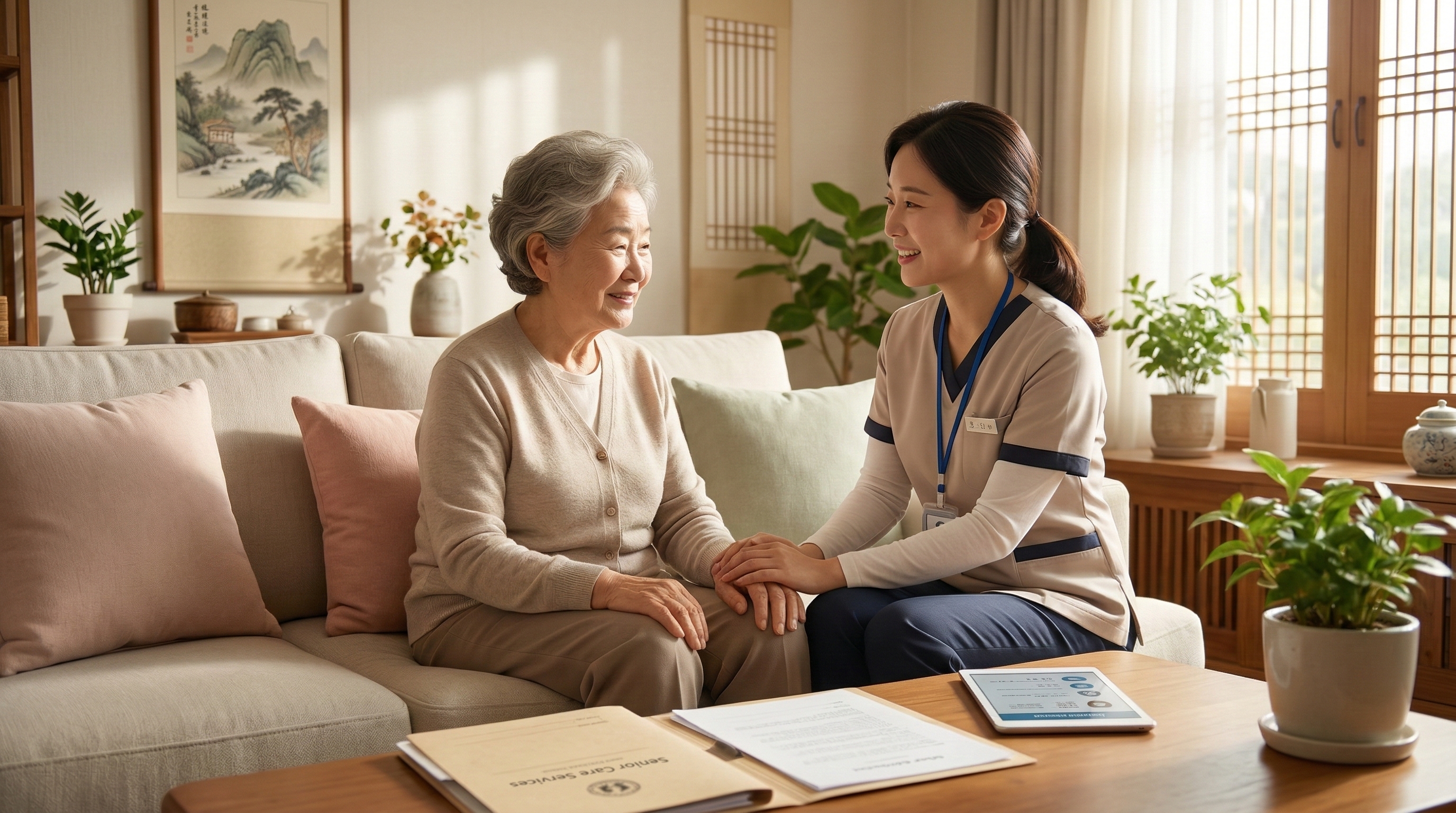 방문한 전문 요양보호사가 어르신의 손을 잡고 따뜻하게 상담하는 모습