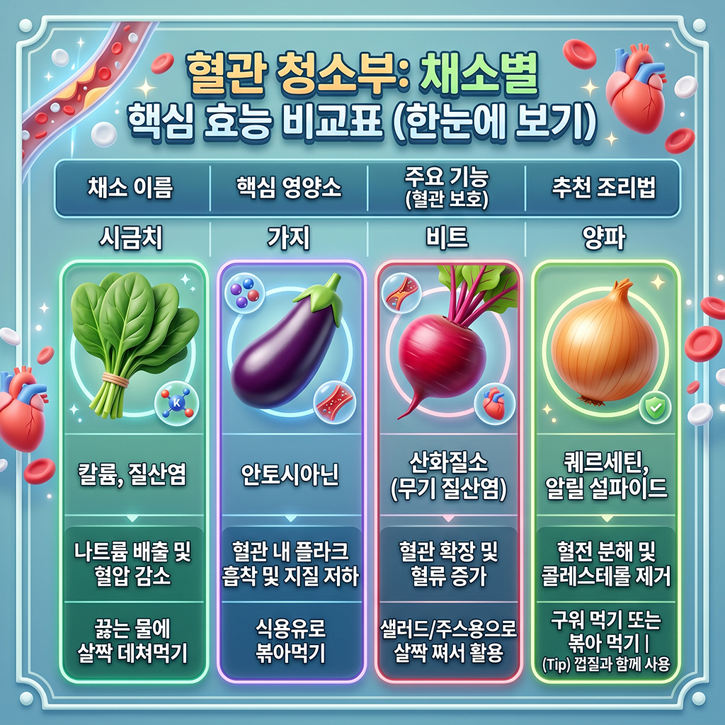 혈관 청소부 채소별 핵심 효능 한눈에 보는 비교표