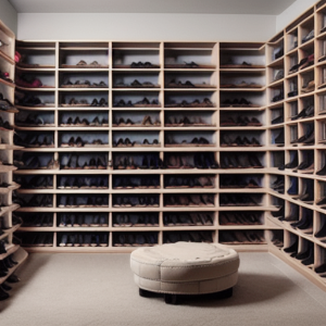 드레스룸 내부에 있는 신발장 사진. 가운데 신발을 신기 편한 의자가 놓여져 있다.