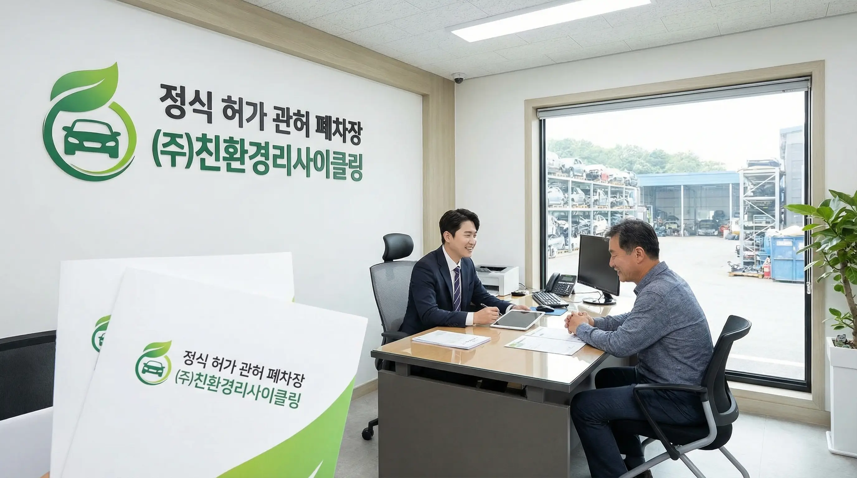 정식 허가된 관허 폐차장의 로고가 박힌 깔끔한 사무실과 상담받는 차주