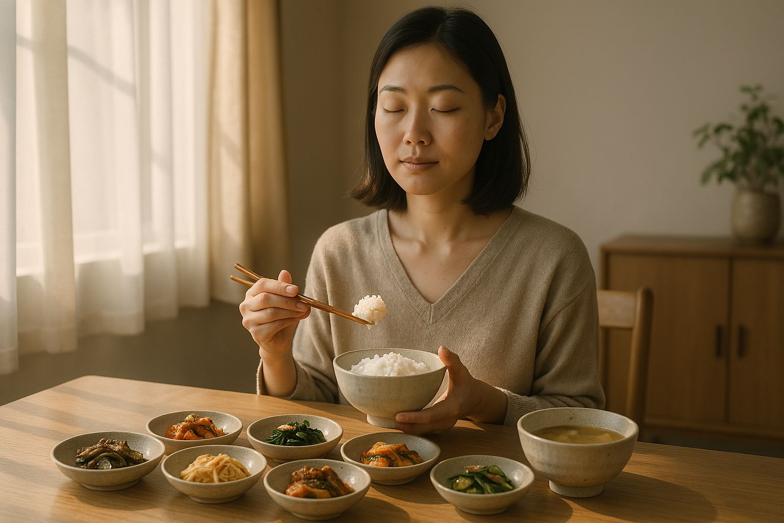 마음챙김 식사를 실천 중인 사람이 눈을 감고 평온한 표정으로 음식의 맛과 향을 느끼며 식사에 집중하는 모습