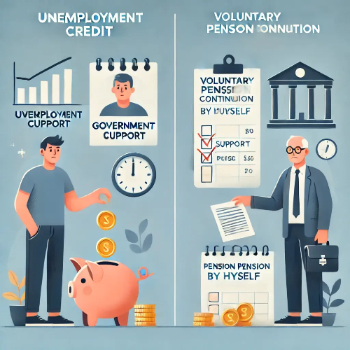 왼쪽엔 정부가 75%를 지원하는 실업크레딧, 오른쪽엔 전액 자비로 납부하는 임의계속가입자의 대비