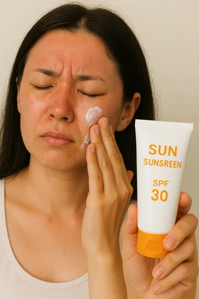 선크림 부작용으로 홍조 생긴 여성