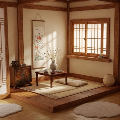 예전 집에서 구조와 가구 배치가 단순하게 유지되던 생활 공간 모습