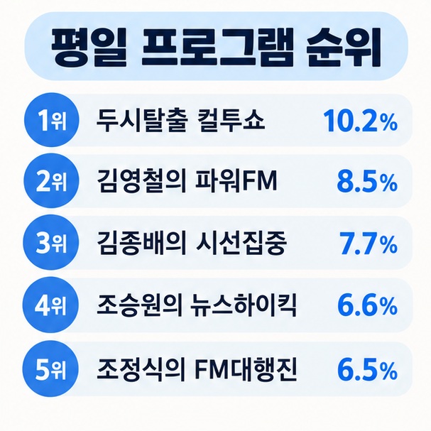 두시탈출 컬투쇼 김영철의 파워FM 김종배의 시선집중 뉴스하이킥 FM대행진의 평일 프로그램 청취율 순위를 정리한 이미지