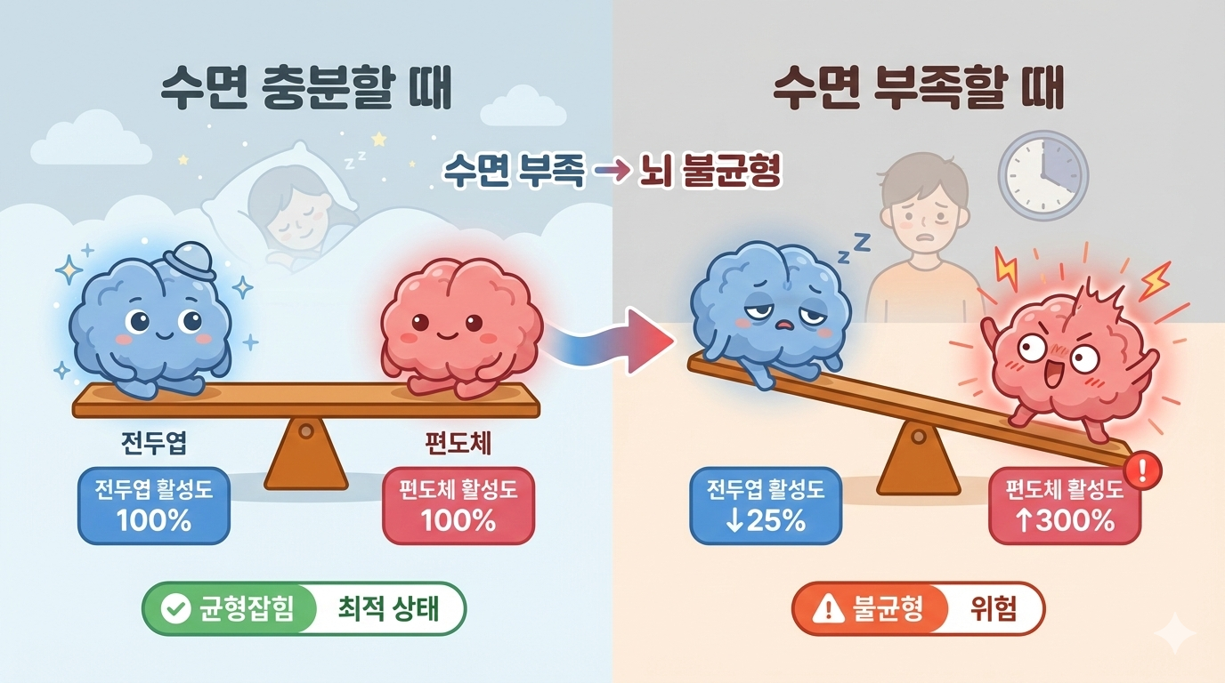 수면 부족 시 전두엽과 편도체의 균형 변화 다이어그램