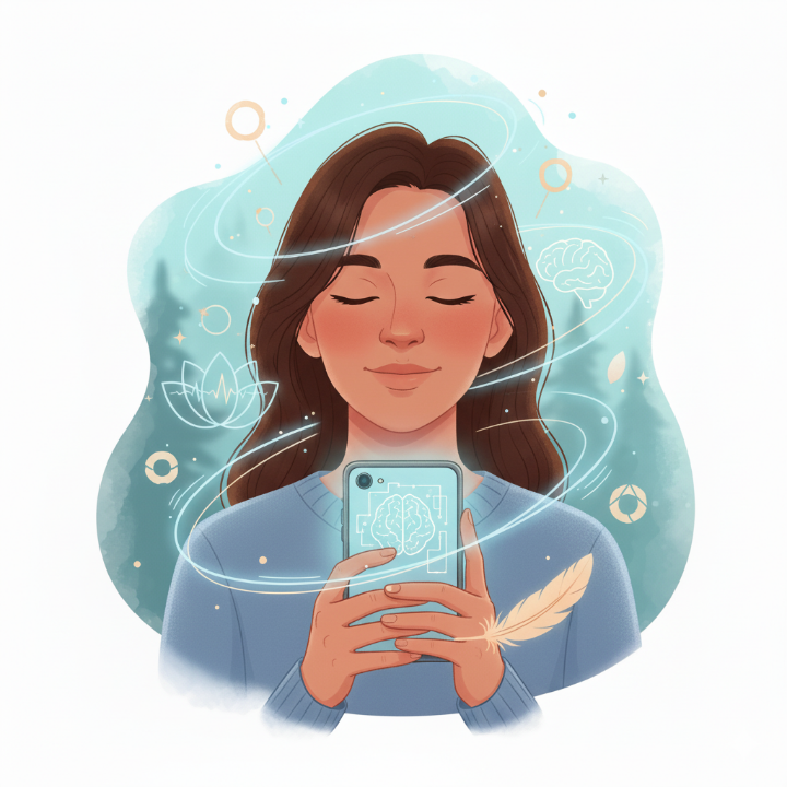 '꿈 해몽 완료' 메시지와 함께 편안하게 웃고 있는 사람의 이미지