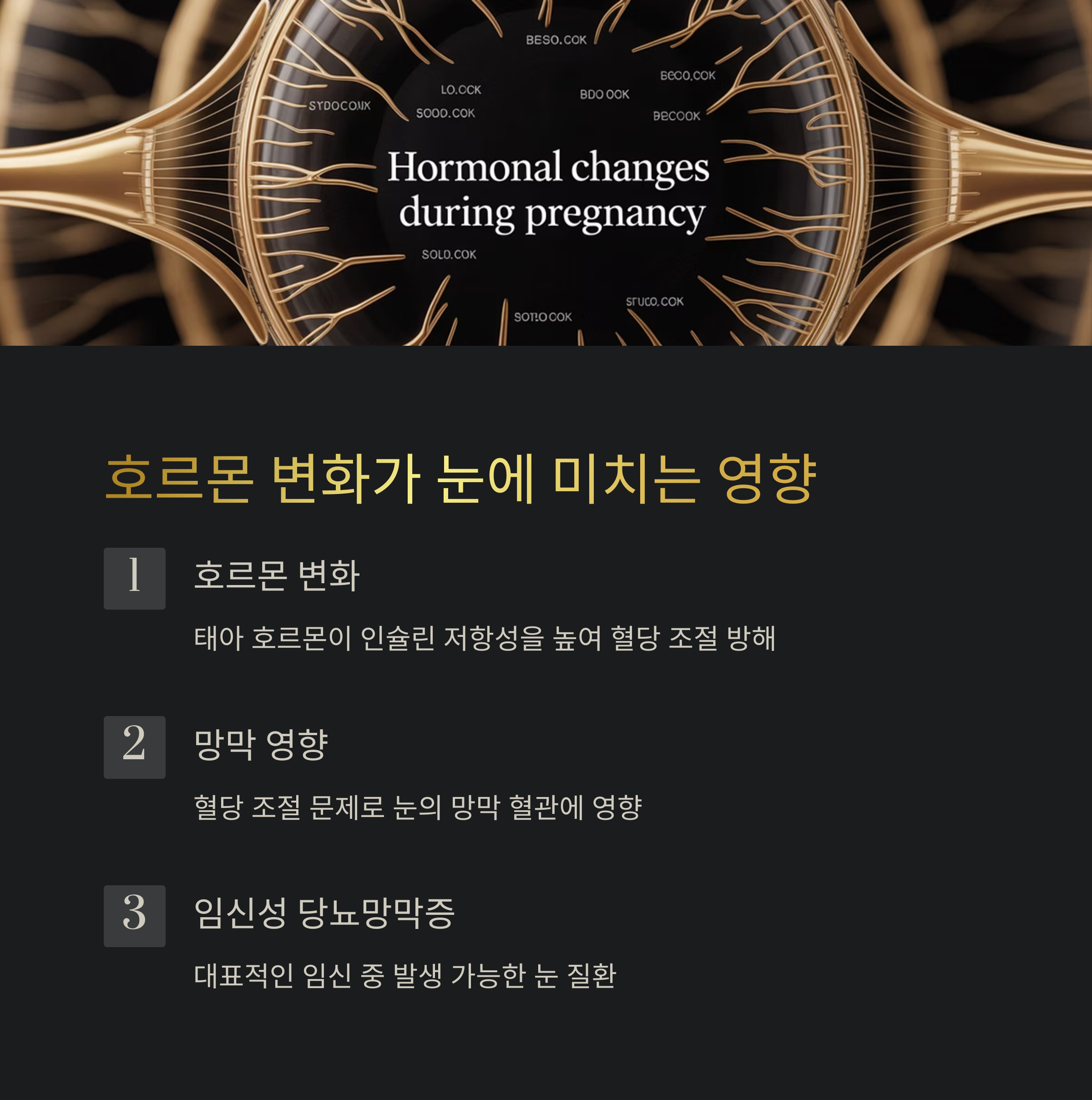 임신 중 호르몬 변화가 눈에 미치는 영향을 설명하는 시각 자료. 인슐린 저항성 증가, 망막 혈관 영향, 임신성 당뇨망막증의 가능성 등을 설명.