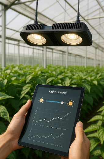 태블릿으로 온실 LED 보광등의 광량을 조절하는 농부