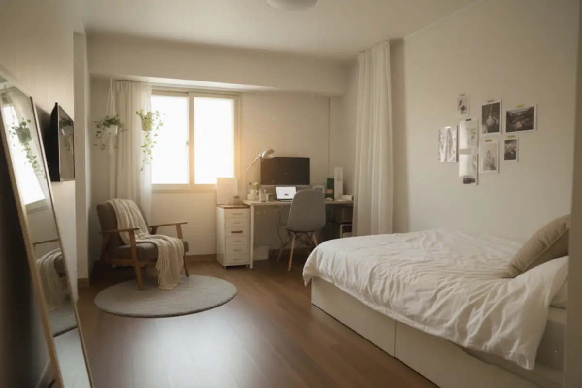 정리된 헬메르가 놓인 20대 자취방의 아늑하고 평화로운 전경