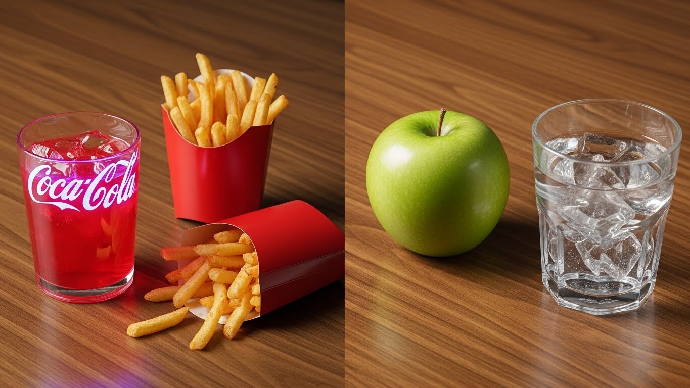 고성능 뇌를 위해 선택해야 할 자극적인 정보와 건강한 지식의 대비를 상징하는 식탁