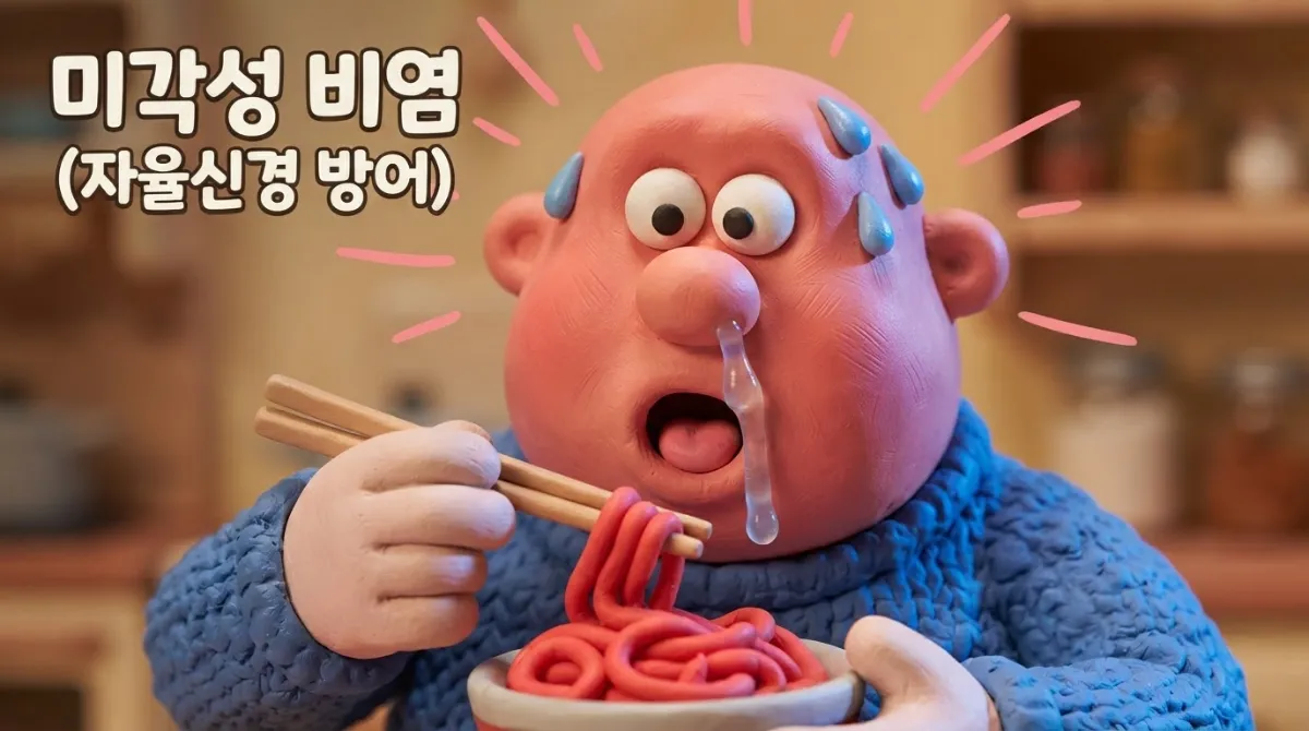 매운 음식을 먹을 때 나타나는 땀과 콧물의 신체 반응 일러스트