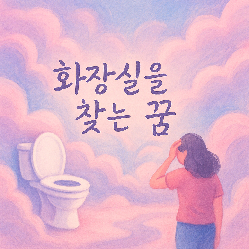 몽환적인 파스텔톤 일러스트, 핑크·하늘색 계열의 화장실 문 앞에서 당황한 표정의 여성이 서 있는 장면, 감정 정화와 스트레스 해소의 상징적 분위기