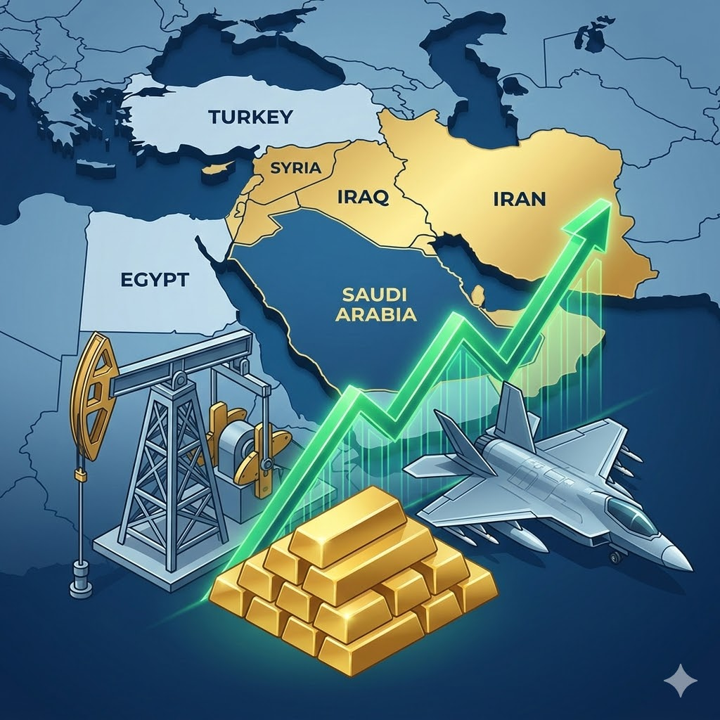 중동 지도와 상승하는 그래프, 석유 시추기, 전투기, 금괴를 시각화한 투자 전략 썸네일