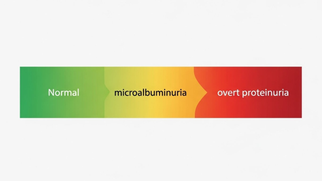 uACR 수치 구간(정상, 미세알부민뇨, 단백뇨)을 3단계로 구분한 인포그래픽