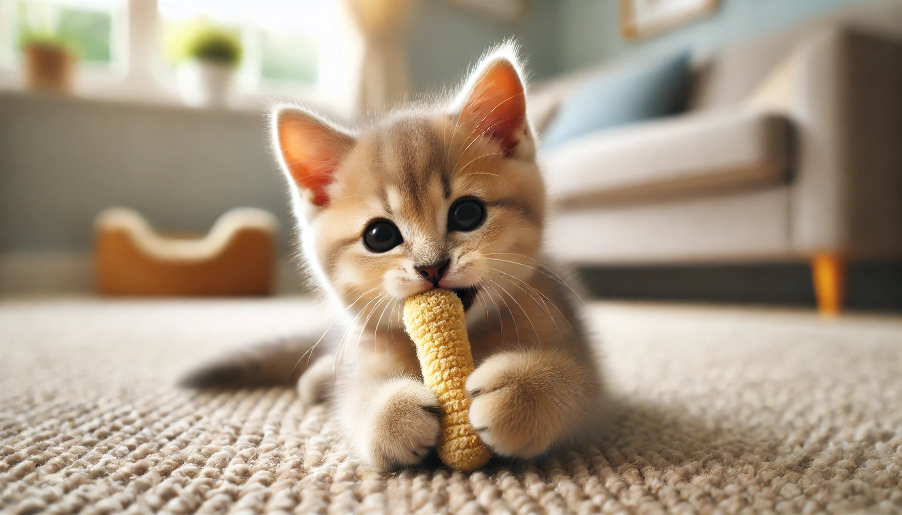 이갈이 시기의 어린 고양이가 고무 장난감을 물고 노는 모습