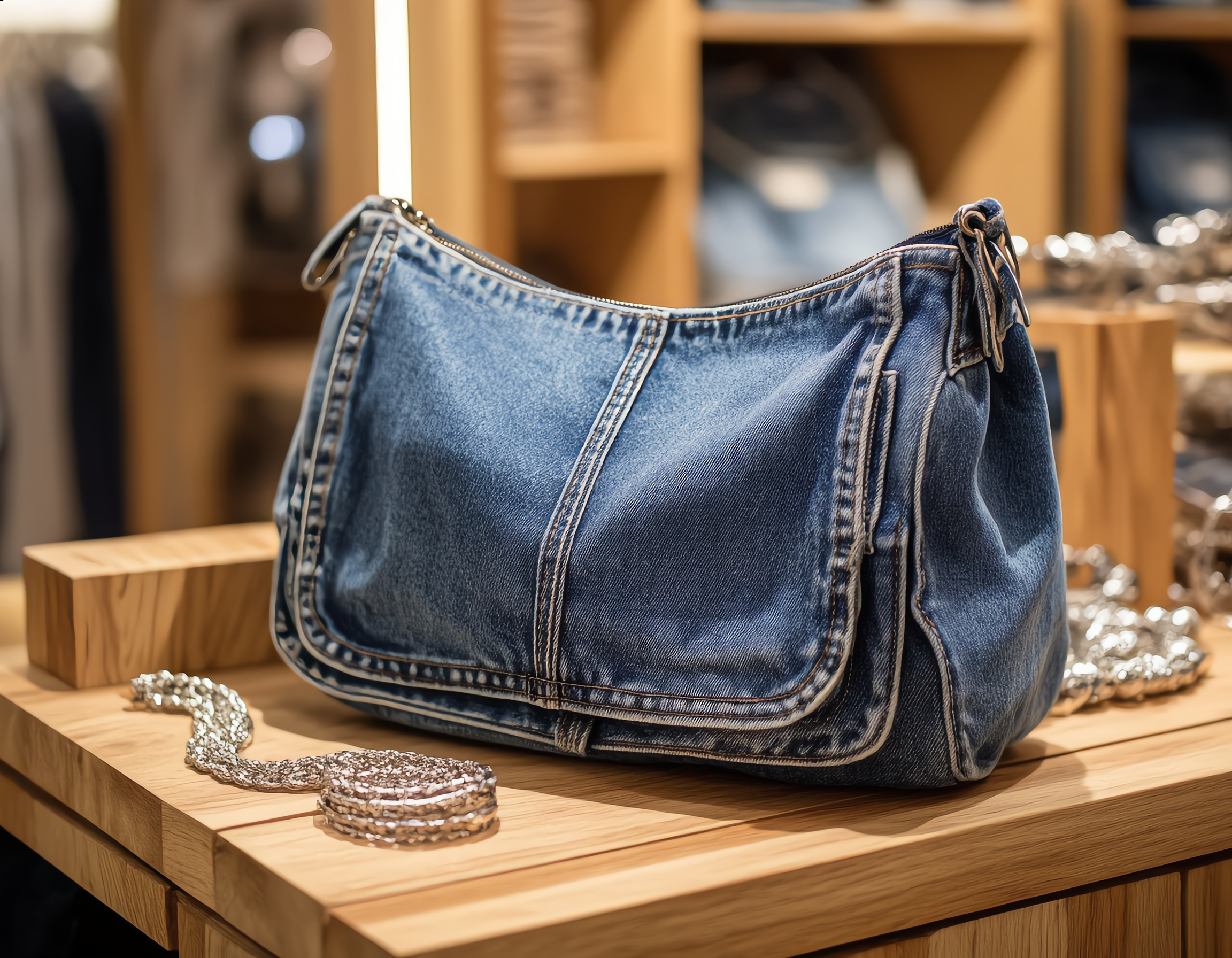 현대적인 부티크에 전시된 청바지 업사이클링 가방, 해치진 데님 소재와 화려한 스티칭 디테일이 두드러지는 클로즈업 샷. 주변에는 미니멀한 목재 진열대와 실버 액세서리가 배치되어 있으며, 따뜻한 자연광이 재활용 소재의 질감을 강조하는 도시적이면서 친환경적인 분위기.