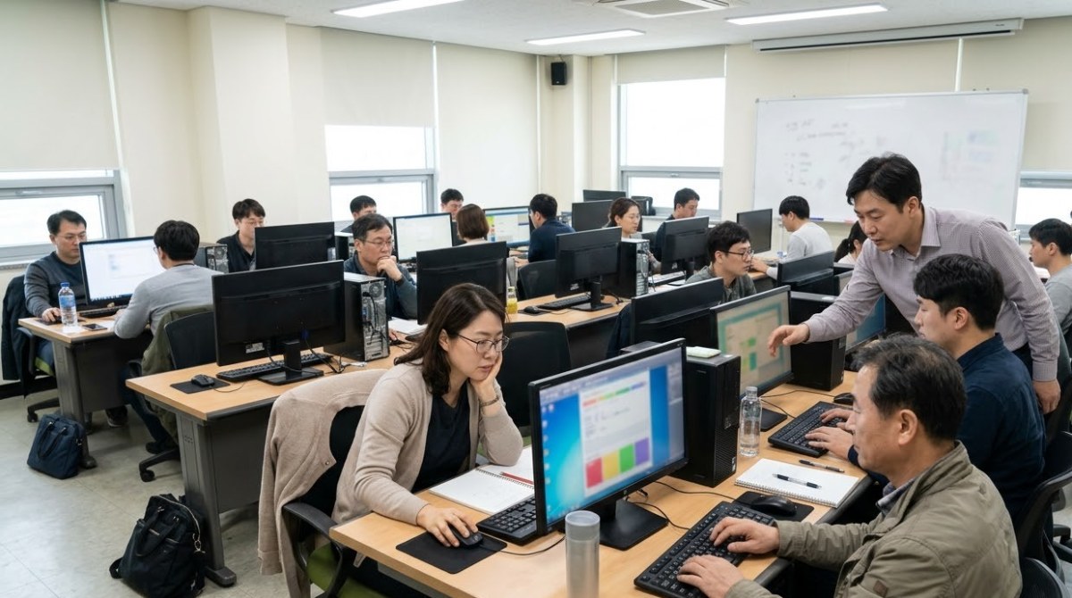 직업훈련 학원에서 컴퓨터 실습을 하는 모습