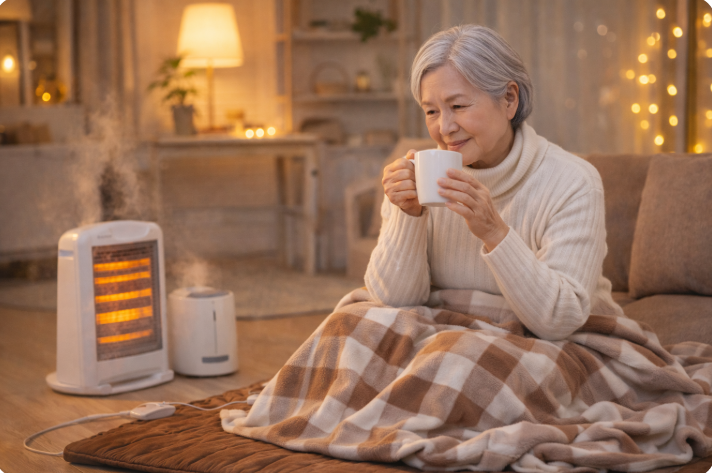 전기장판 위에서 담요를 덮고 따뜻한 차를 마시는 중년 여성, 실내에는 난방기기와 조명이 있는 겨울 풍경