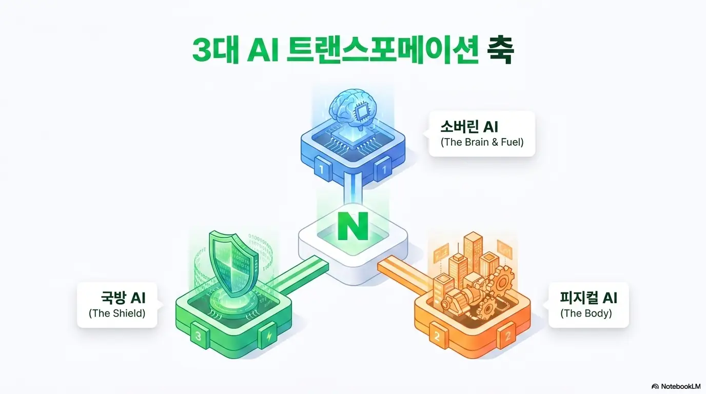 네이버 주가 전망: 소버린 AI 피지컬 AI 국방 AI라는 네이버의 세 가지 성장 축을 N 로고 중심으로 연결해 정리한 네이버 주가 전망 구조도