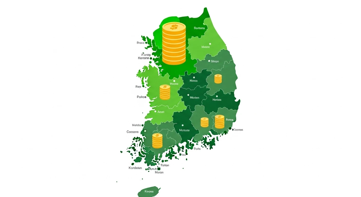 한국 지도 위에 지역별로 다른 금액의 돈 주머니 그림이 표시되어 지방 차등 지급의 개념을 보여주는 일러스트.