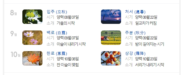 가을 절기들의 의미와 날짜가 정리된 표