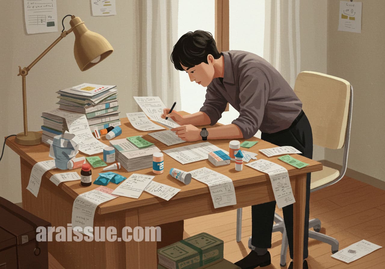 진료와 약값 내역이 겹겹이 쌓인 장부 이미지