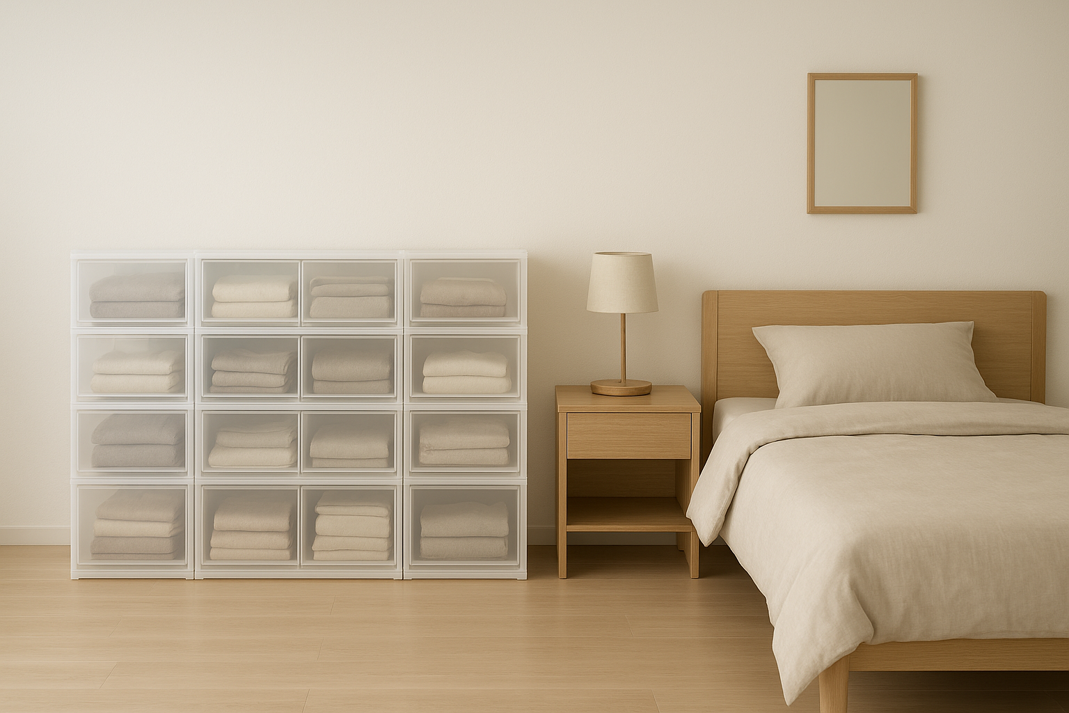 침실 인테리어 (투명박스를 이용해 정리)