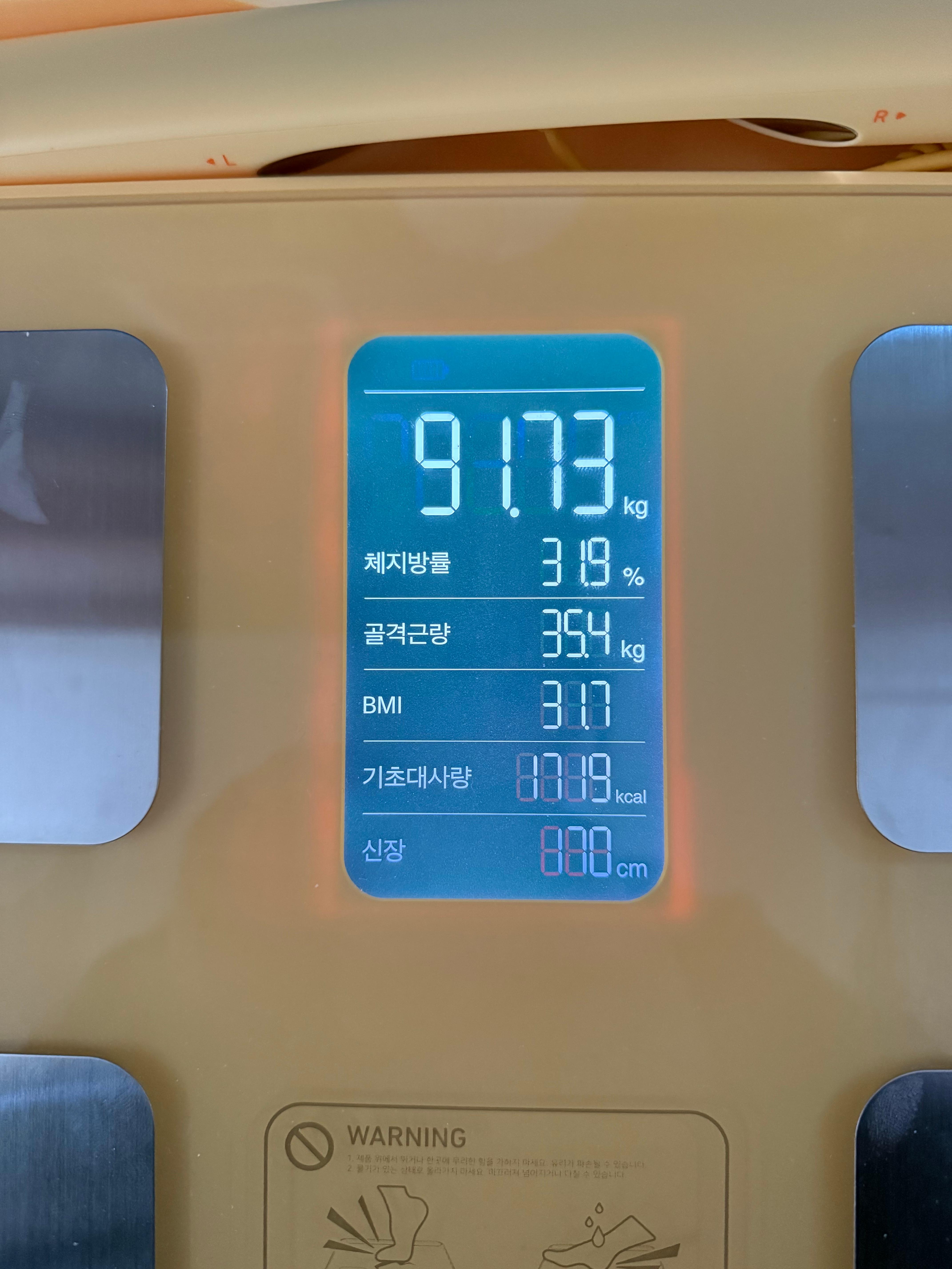 아이그립X 체중계 운동후 측정결과 체중91.15kg 체지방률31.9% 골격근량35.4kg BMI31.7 기초대사량1719kcal