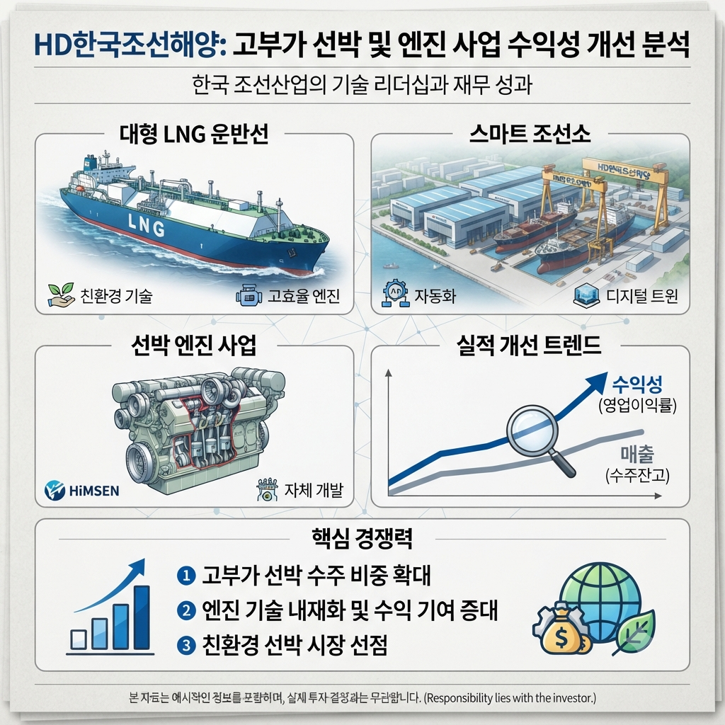 HD한국조선해양의 조선&middot;LNG선&middot;엔진 사업과 실적 개선을 보여주는 기업 분석 이미지