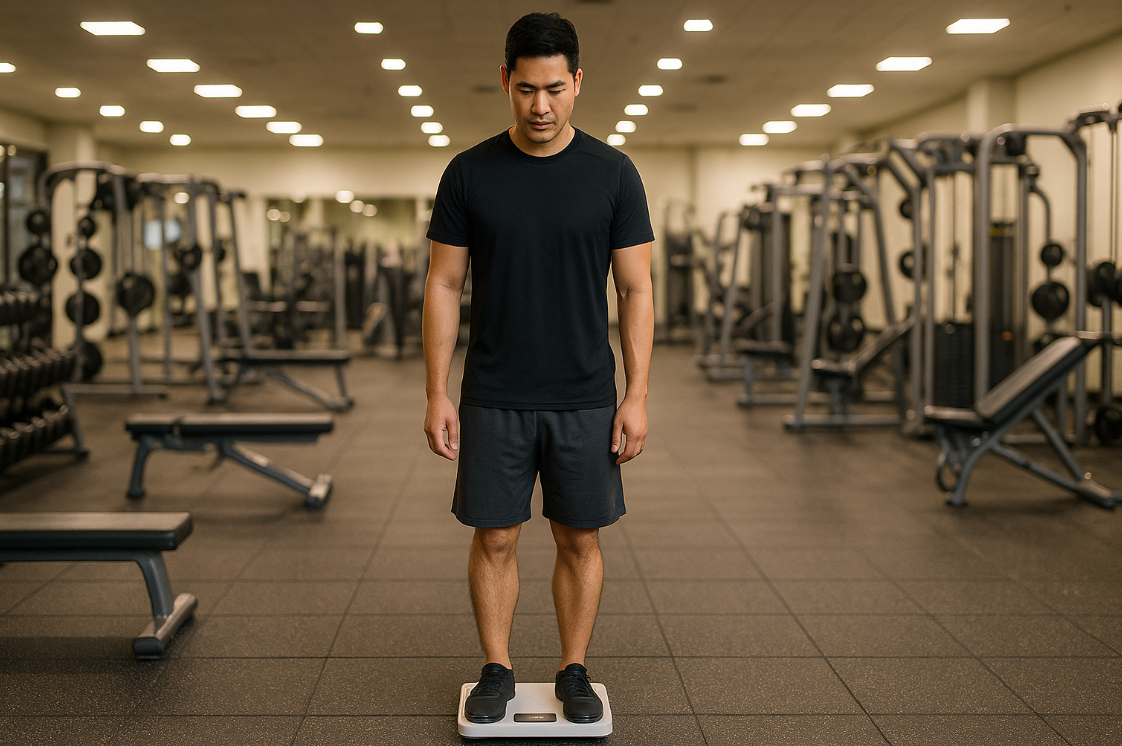 운동 후 체중을 측정하는 중년 남성의 모습